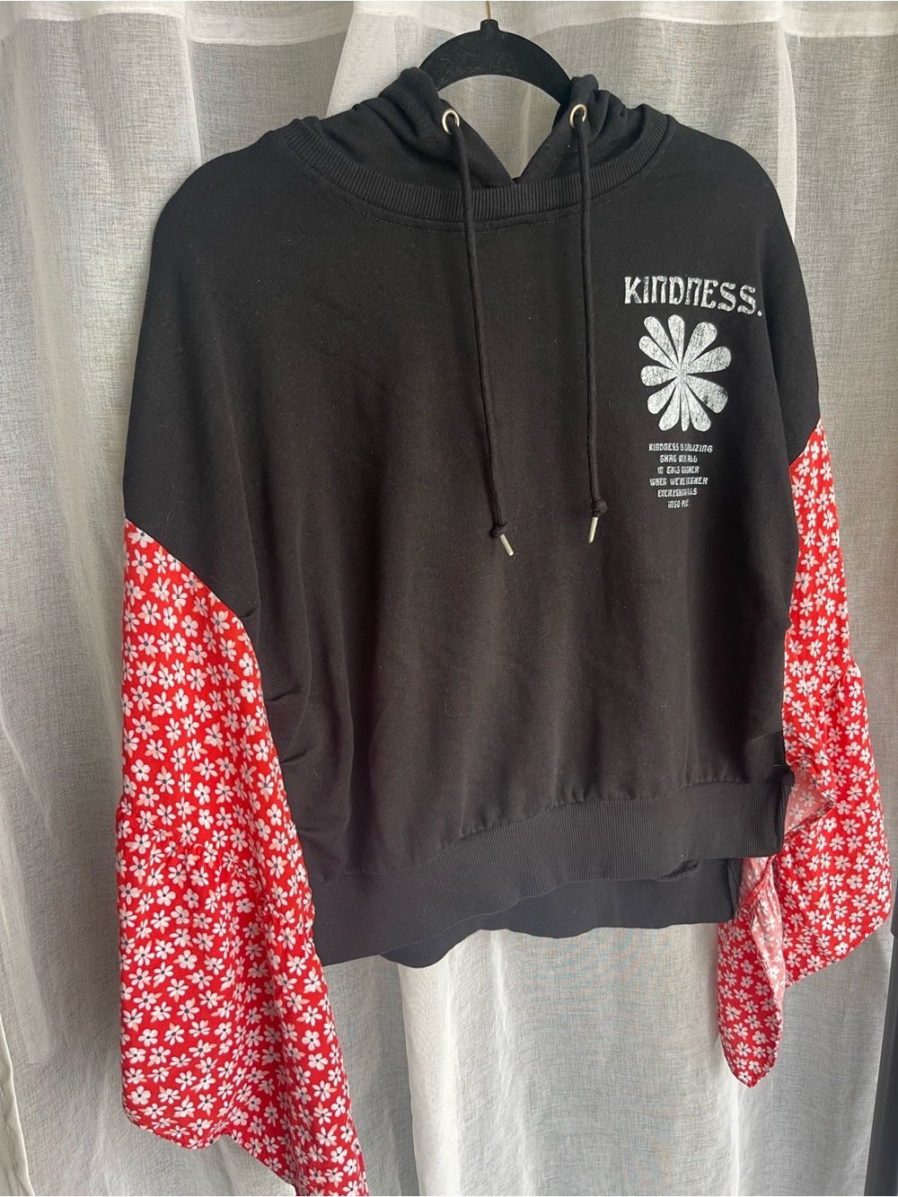 Upcycled Kindness Hoodie XL, Red Floral Bell Sleeve Sweatshirt, Flirtitude OOAK